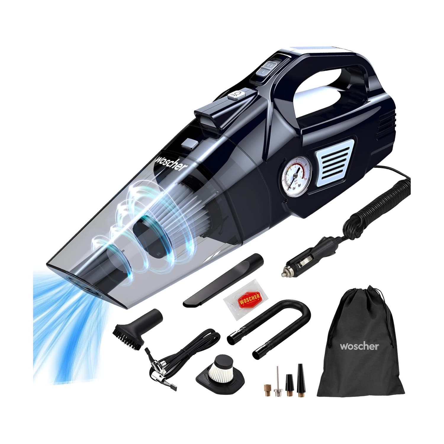 Woscher 578, 2in1 Portable Air Compressor Tyre Inflator with Car Vacuum Cleaner, DC12V High Power 5500PA Handheld Car Vacuum w/LED Light, 12FT Power Cord, for Wet/Dry Use, Tyre Inflator Car Vacuum Cleaner (Black)
