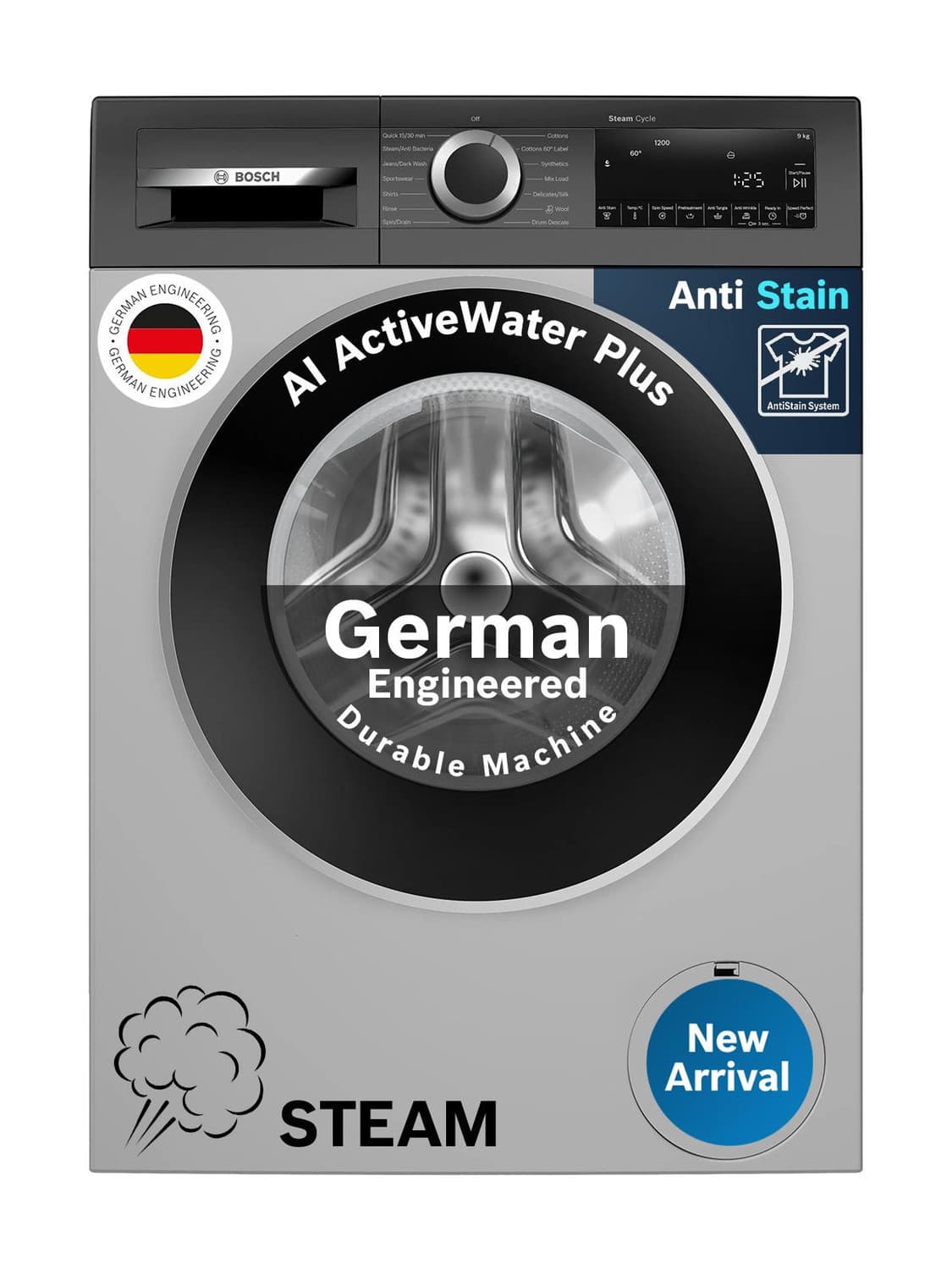 BOSCH 9 kg Fully Automatic Front Load Washing Machine with In-built Heater Silver