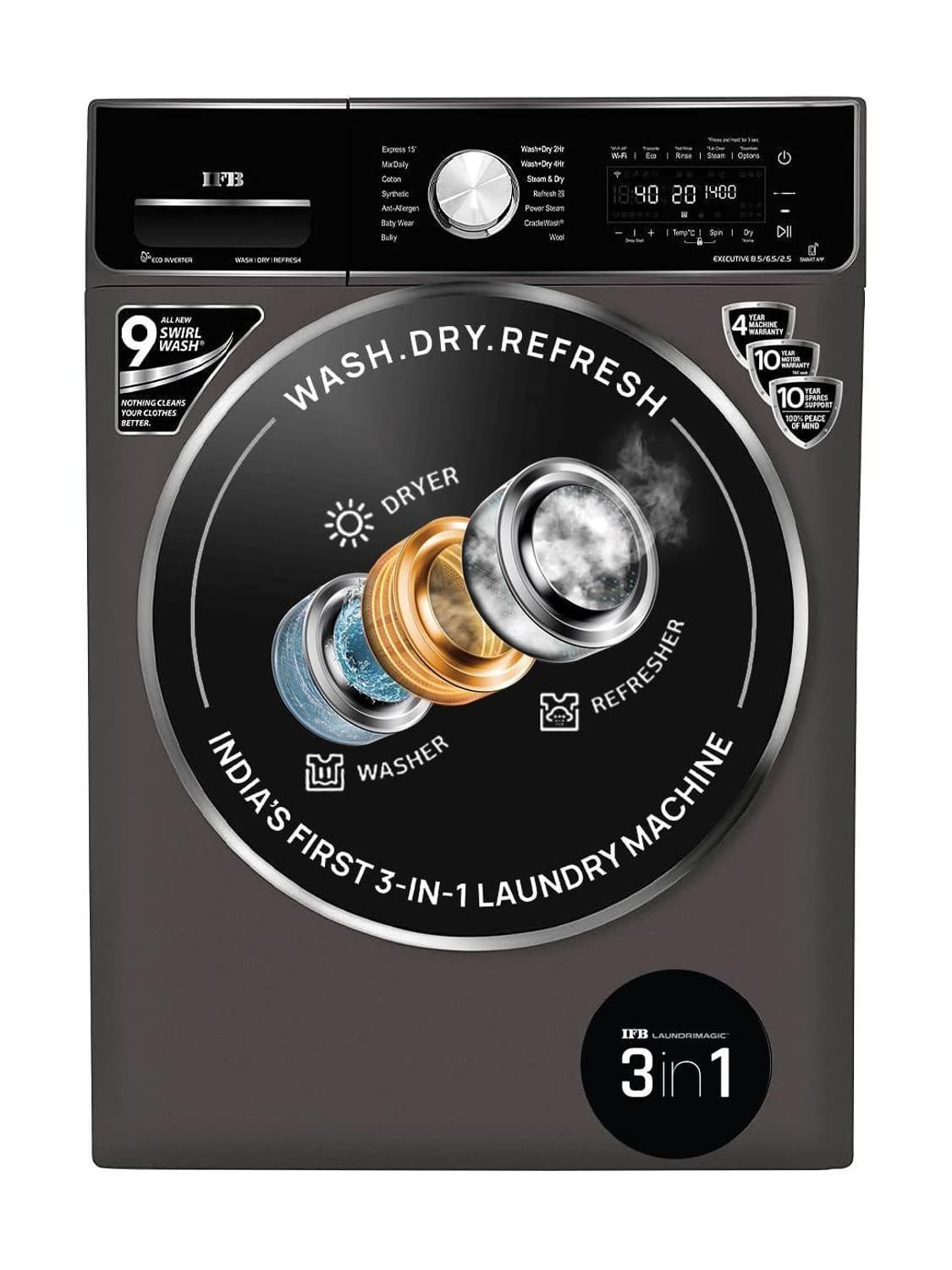 IFB 8.5/6.5 kg Refresher 3-in-1 Laundrimagic Wi-fi enabled Inverter with Steam Washer with Dryer with In-built Heater Black, Grey (WD EXECUTIVE ZXM 8.5/6.5/2.5KG)