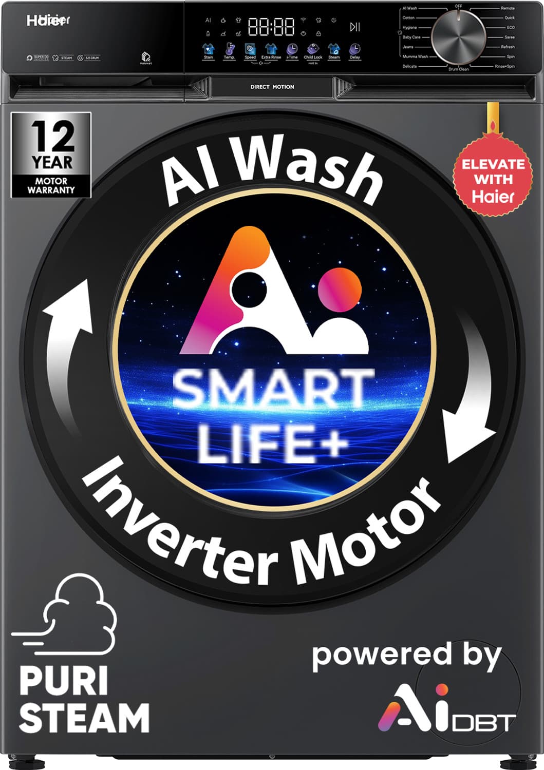haier 10 kg 5 star ai smart life vibrant touch panel fabric care stain pro technology hygienic care abt 525 mm super drum refresh direct motion motor wifi enabled fully automatic front load washing machine in built heater black