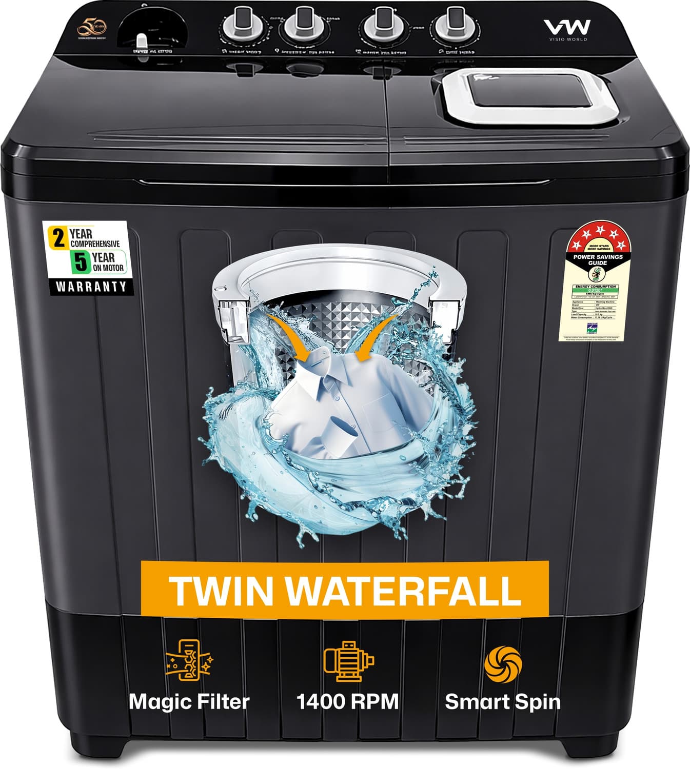 10.5 kg Semi Automatic Top Load Black (HydroMax0010P)