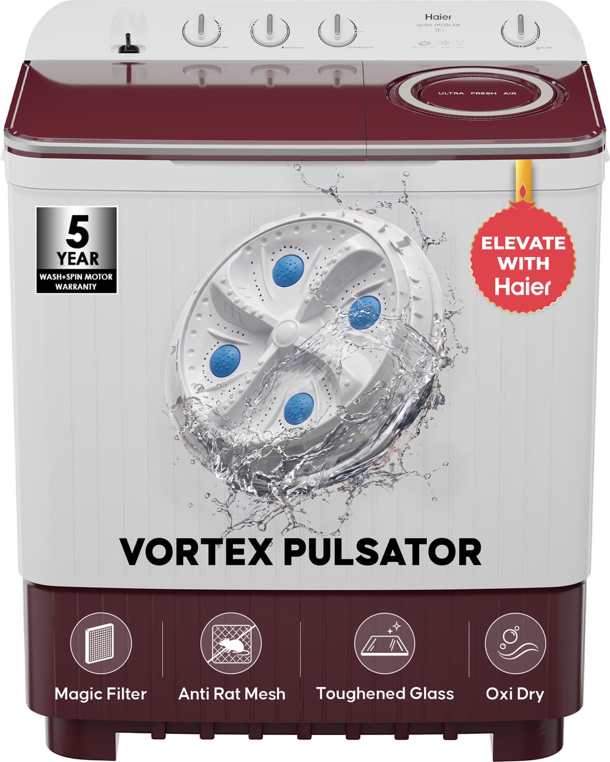 Haier 11 kg Vortex Pulsator, Oxyi Dry, Magic Filter, Anti Rat Mesh & Castor Wheels Semi Automatic Top Load Washing Machine Maroon, White
