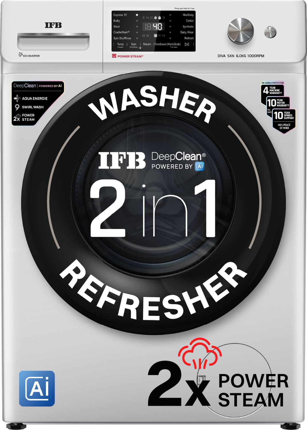 6 kg with 9 Swirl Wash, 2x Power Steam, 30 Min Steam Refresh Program, Eco Inverter Motor, DeepClean Powered by Ai Fully Automatic Front Load with In-b...