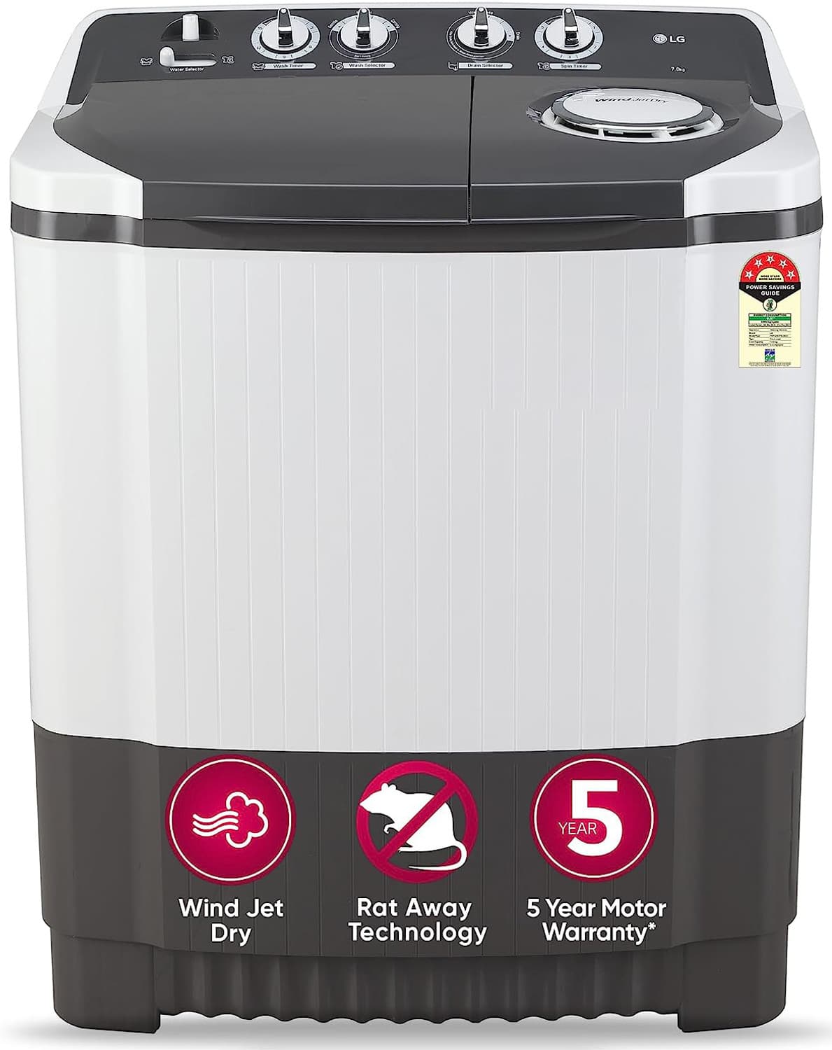 LG 7 kg 5 star rating and Wind jet dry Semi Automatic Top Load Grey, White (P7020NGAZ)