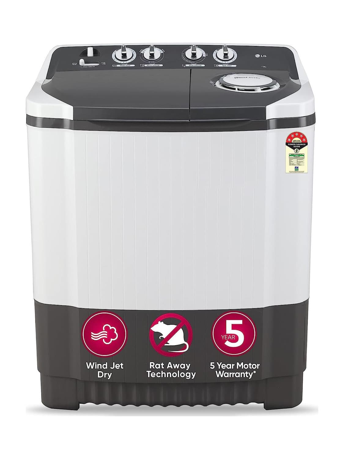 LG 7 kg 5 star rating and Wind jet dry Semi Automatic Top Load Grey, White (P7020NGAZ)