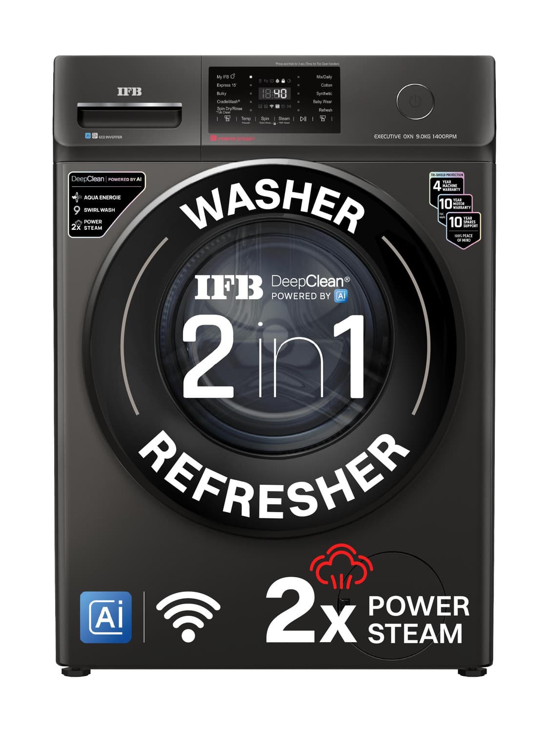 IFB 9 kg 5 Star with Steam Refresh program, 9 Swirl Wash, Eco Inverter, Touch Panel with AI Fully Automatic Front Load Washing Machine with In-built H...