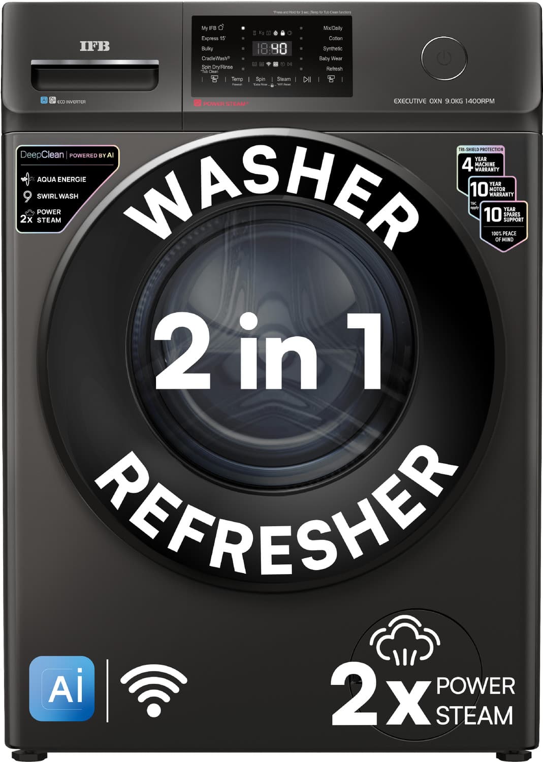 IFB 9 kg 5 Star with Steam Refresh program, 9 Swirl Wash, Eco Inverter, Touch Panel with AI Fully Automatic Front Load Washing Machine with In-built H...