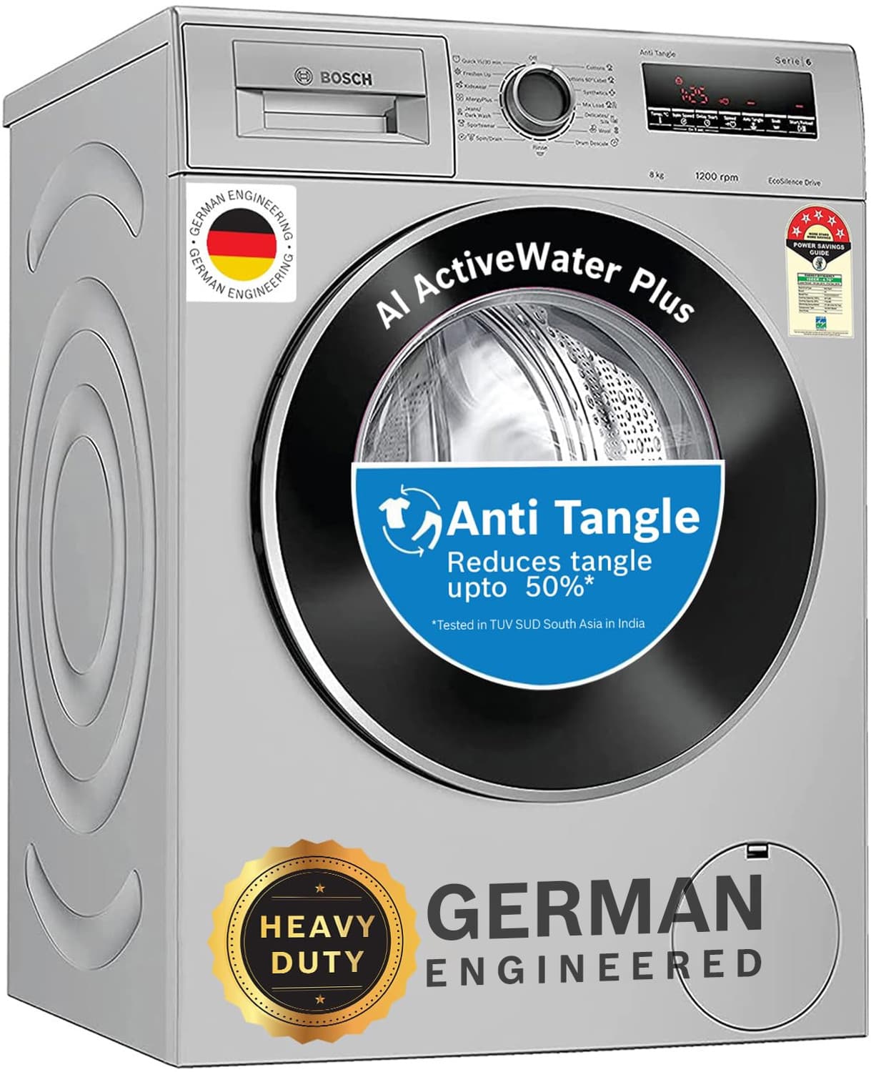 BOSCH 8 kg Drive Motor, Anti Tangle, Anti Vibration Fully Automatic Front Load with In-built Heater Silver (WAJ2426PIN)