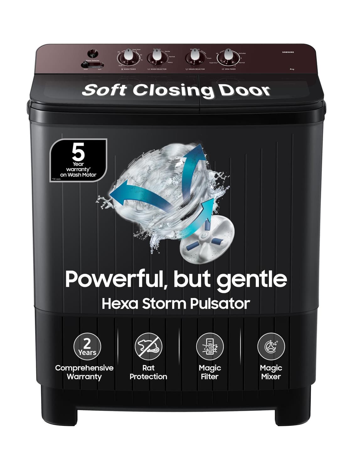 8 kg 5 Star, Soft Closing Door, Hexa Strom Pulsator Semi Automatic Top Load Grey (WT80F4560RD/TL)