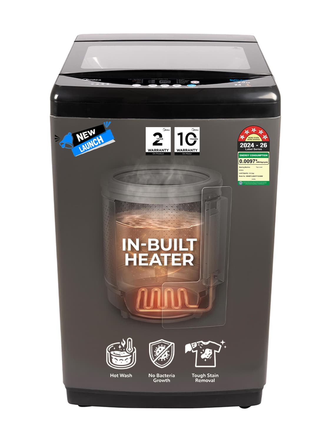 Midea 9 kg Fully Automatic Top Load Washing Machine with In-built Heater Black