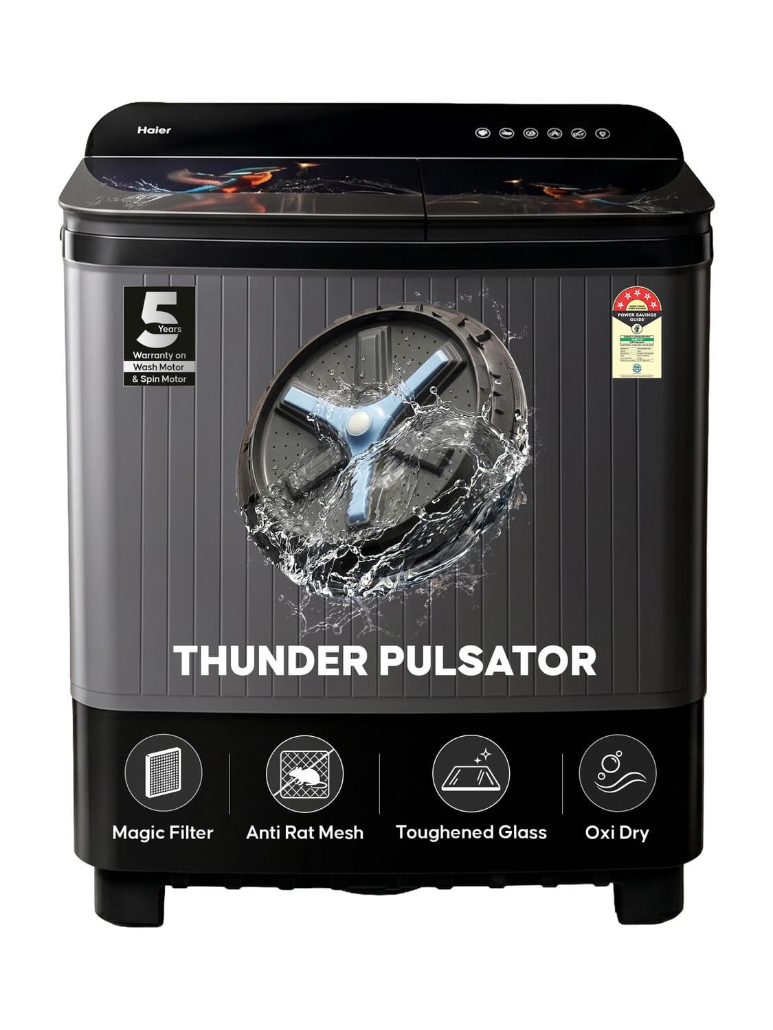 9 kg Thunder Pulsator, Toughened Glass Lid, Oxyi Dry, Magic Filter & Castor Wheels Semi Automatic Top Load Black (HTW90-178FLN)
