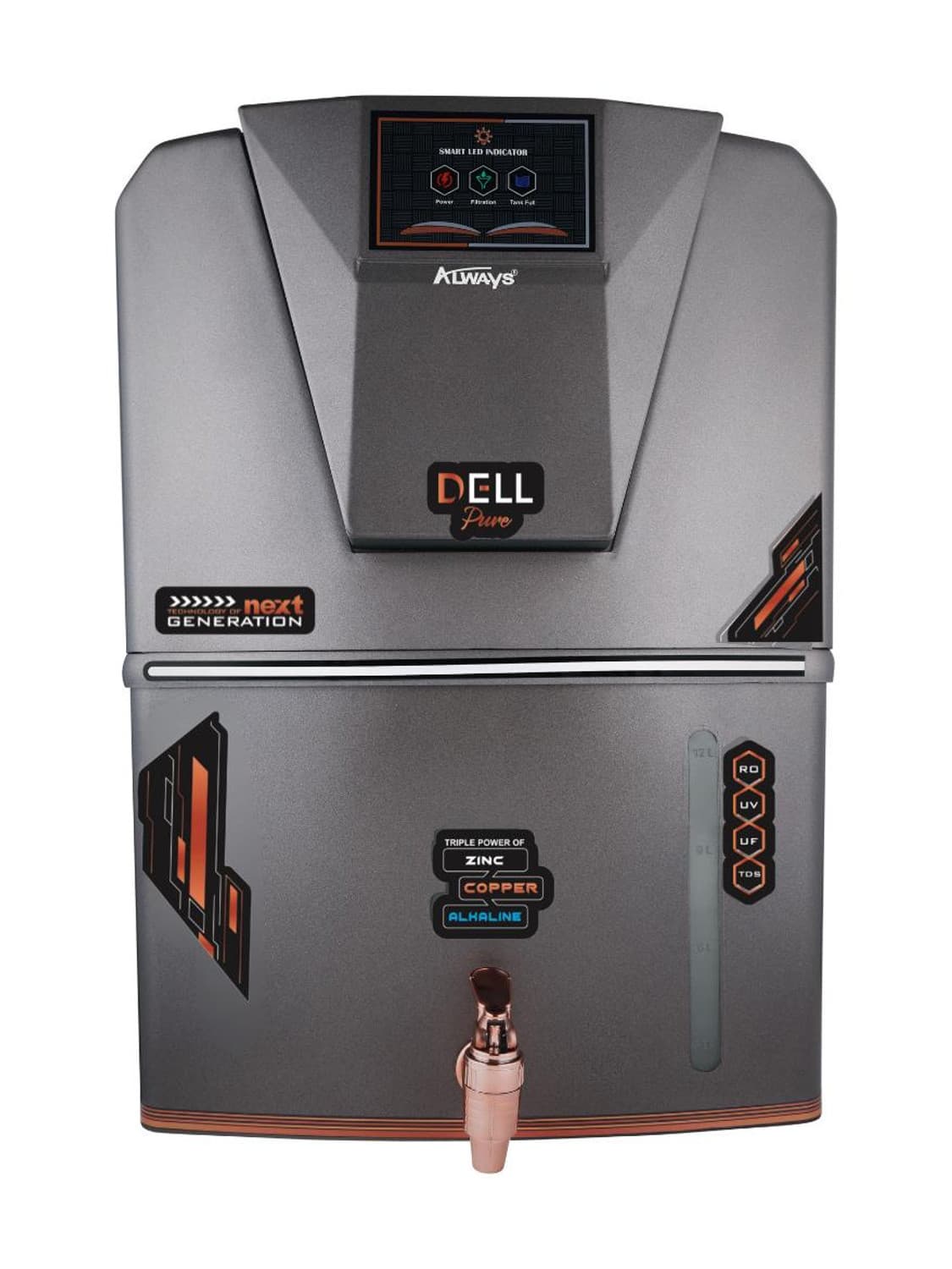 Always Dellpure Metallic with LED display and Pre filter 10 stage 12 L RO + UV + UF + TDS Control + Alkaline + UV in Tank Water Purifier