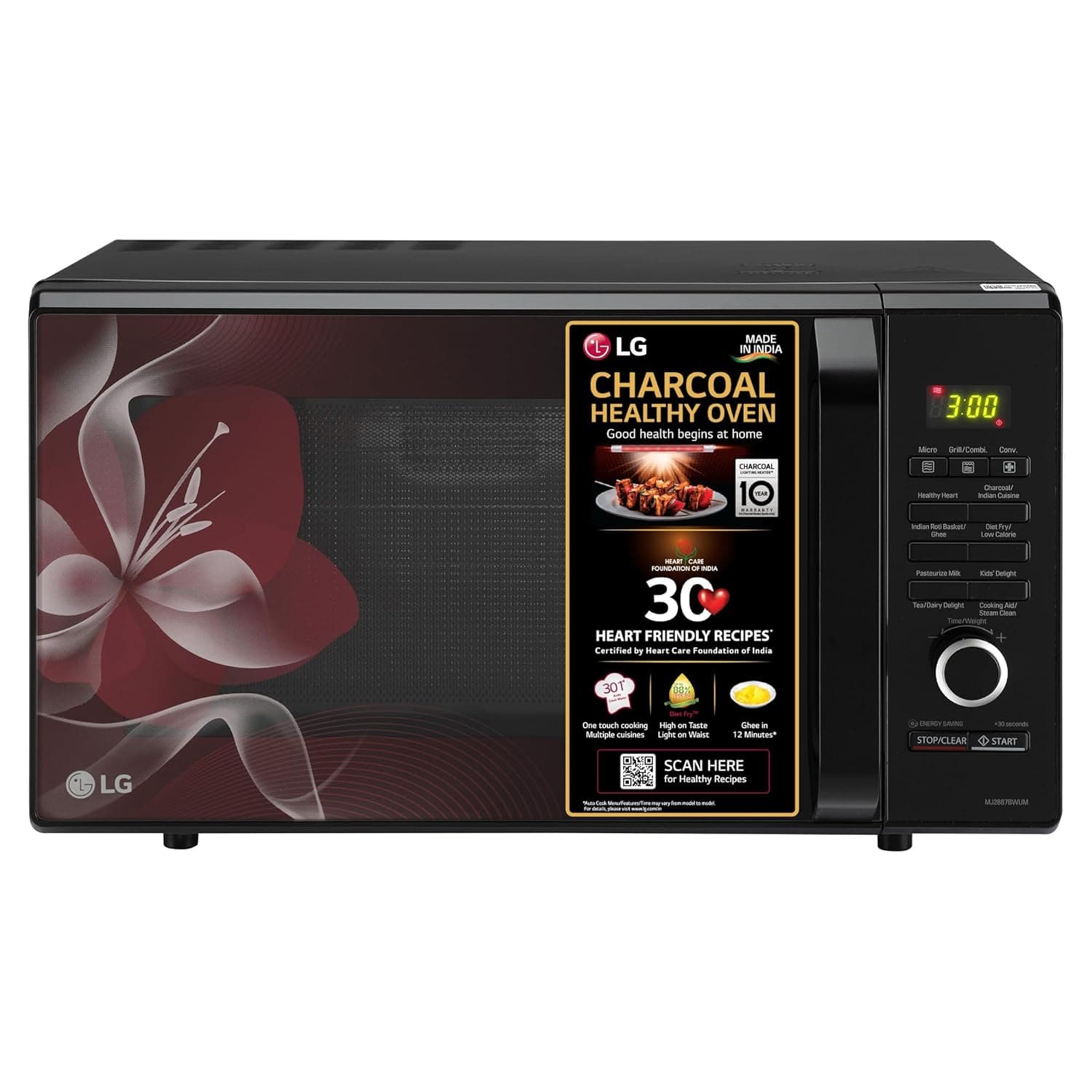 LG 28 Litres Charcoal Healthy Oven with Child Lock, Timed Cook, Auto Cook, Defrost, Warm (MJ2887BWUM)