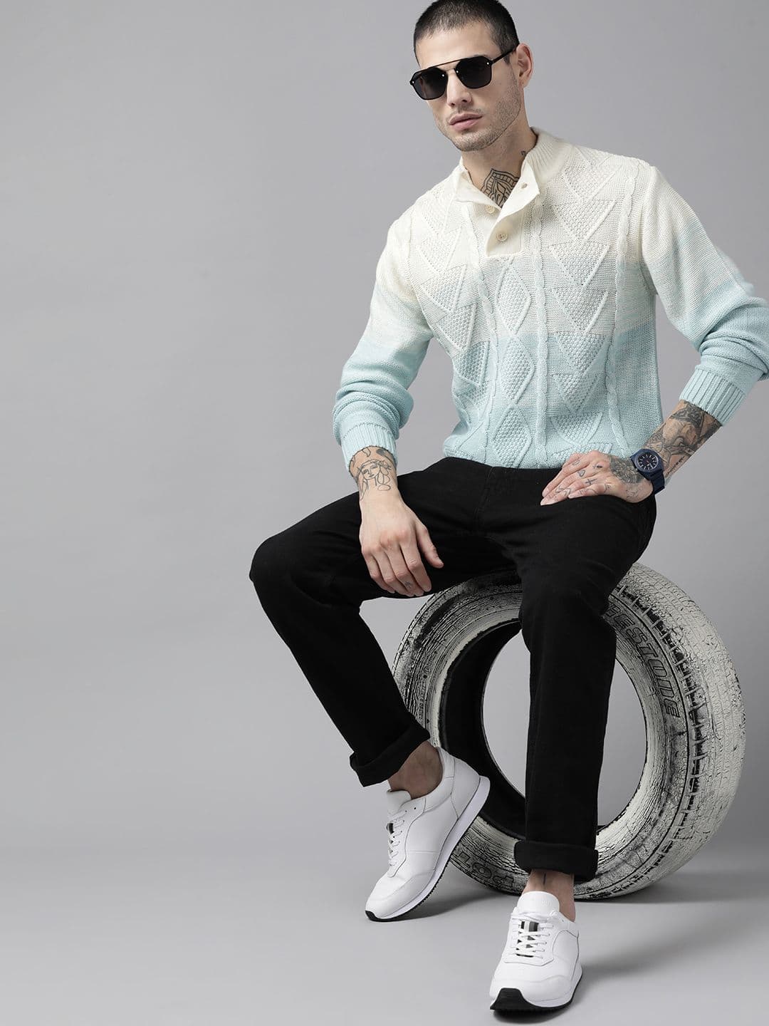 Blue Wire T Rack The Roadster Lifestyle Co. Men Blue & Cream-Coloured Cable K… | Price ...
